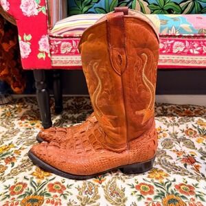 Vintage Andre V Crocodile Cowboy Boots Orange Brown Leather Western Size 10M